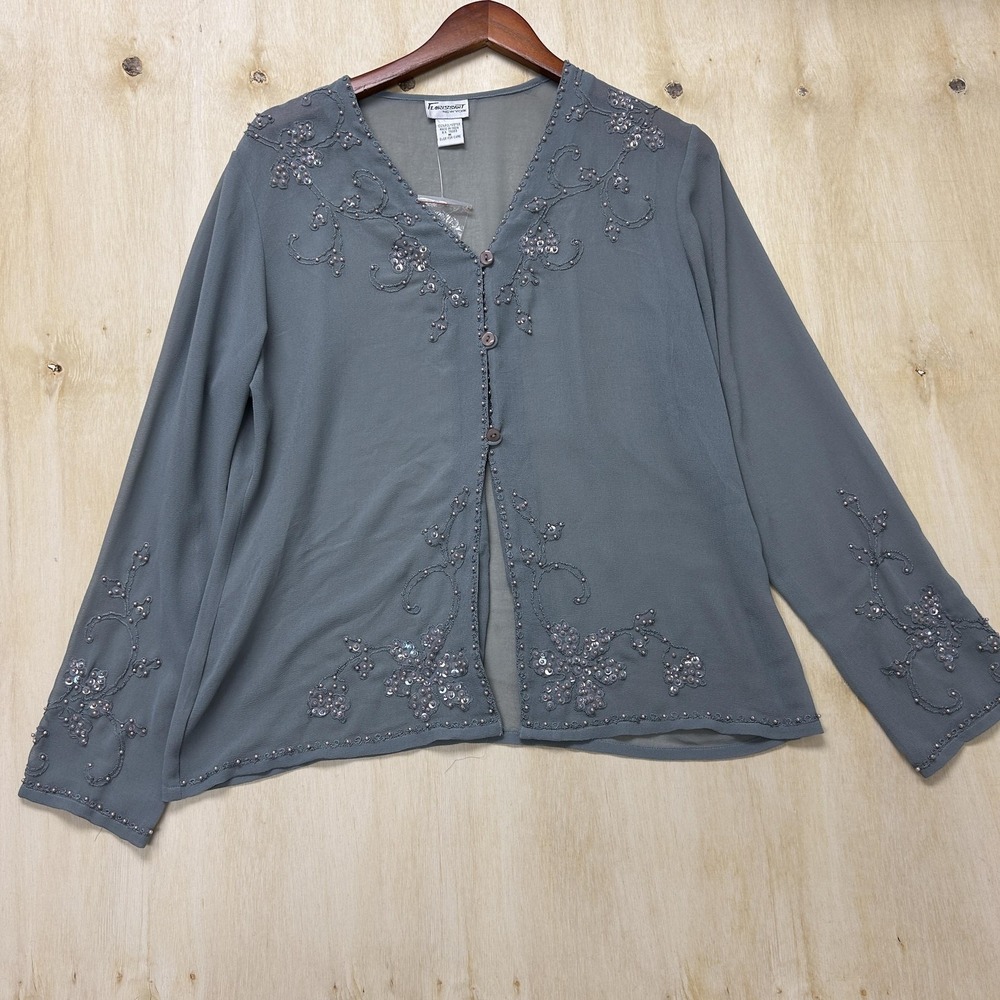 Florissant Blouse Womens Medium Gray Beaded Sequin V Neck Chiffon Top Evening